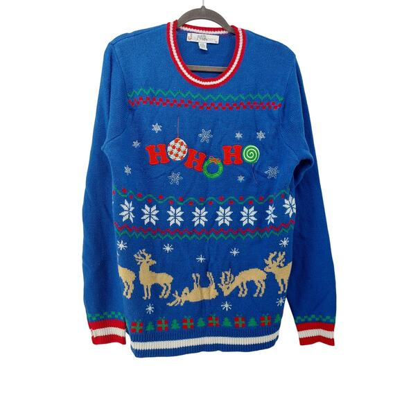 Jolly Sweaters Sz L Unisex Blue Knit Reindeer Tree Snowflake - Picture 1 of 14